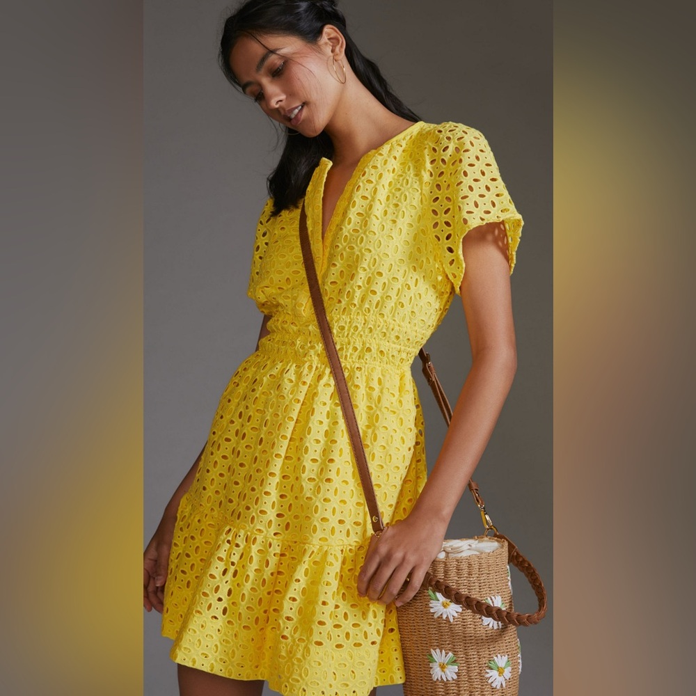 NWT Anthropologie The Somerset Mini Dress Eyelet Edition Yellow